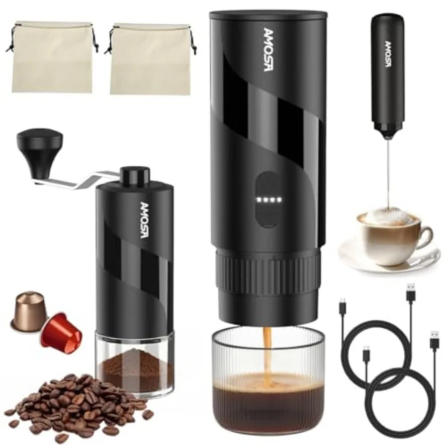 Macchina per Espresso Elettrica Portatile e Macinacaffè Manuale e Montalatte Elettrico Tutto in Uno Set Mini Macchina da Caffè da Viaggio