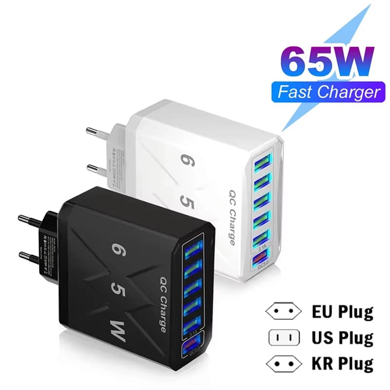 Caricatore USB a 6 porte da 65W, caricatore rapido per telefono, adattatore di alimentazione con spina EU/US/KR, caricatore da parete da viaggio Quick 3.0 per iPhone e Samsung