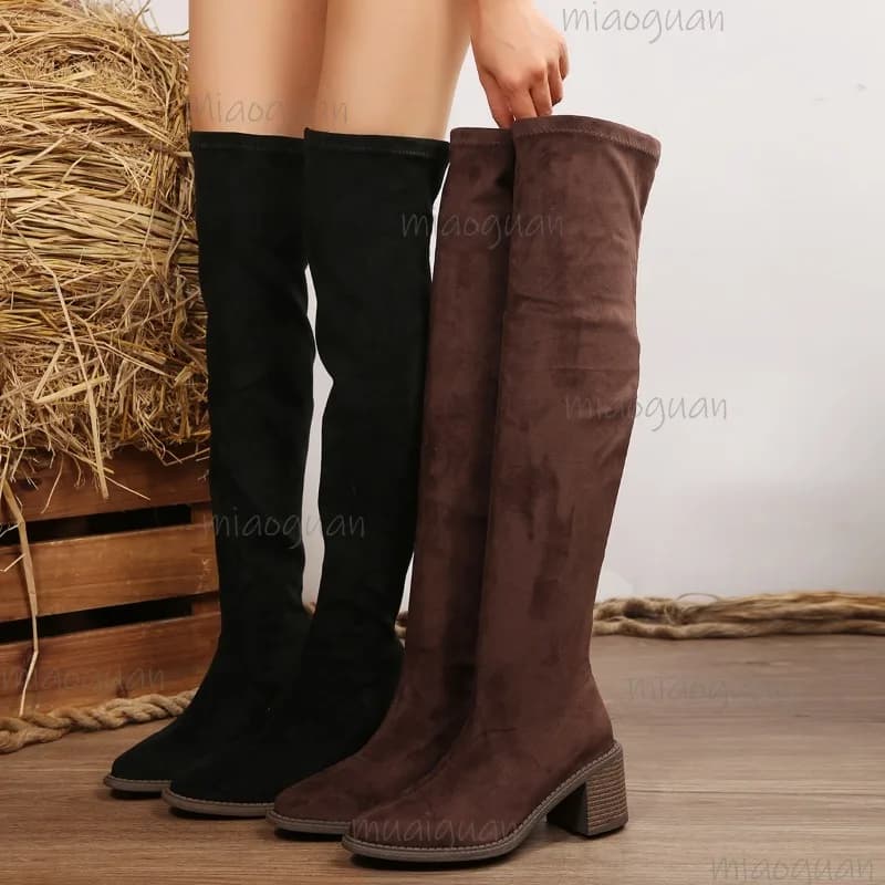 Stivali alti al ginocchio elasticizzati con tacco alto in pelle scamosciata nuova autunno da donna Plus Size 36-43 Stivali lunghi comodi ed eleganti Moda sopra il ginocchio