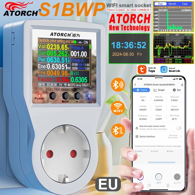 AC85-265V 16A Tuya WiFi Intelligent Voltmeter Amperometer Power Meter Curve Electricity Invoice Analyzer Consumption Energy Monitor