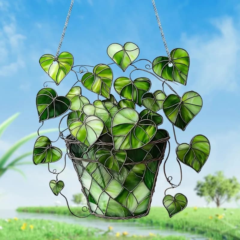2 Pezzi Ciondolo in Acrilico 2D a Forma di Foglia Verde con Vaso, Decorazione da Appendere per Finestre, Soggiorno, Camera da Letto