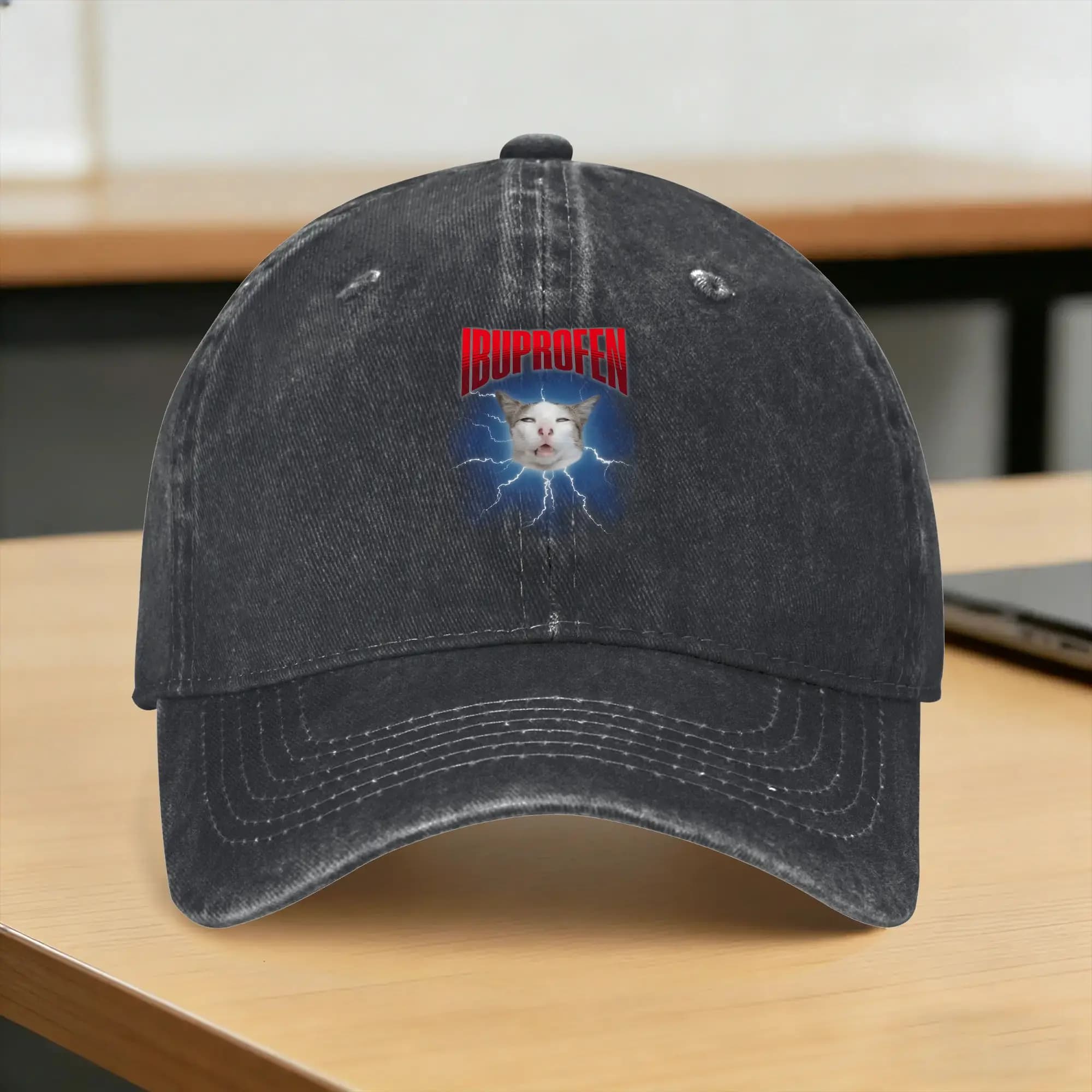 Humor Cat Meme Ibuprofen Ironic Cat Sun Baseball Cap Classic Unisex Men Washed Trucker Hat Sunscreen Tennis Skate Snapback Cap