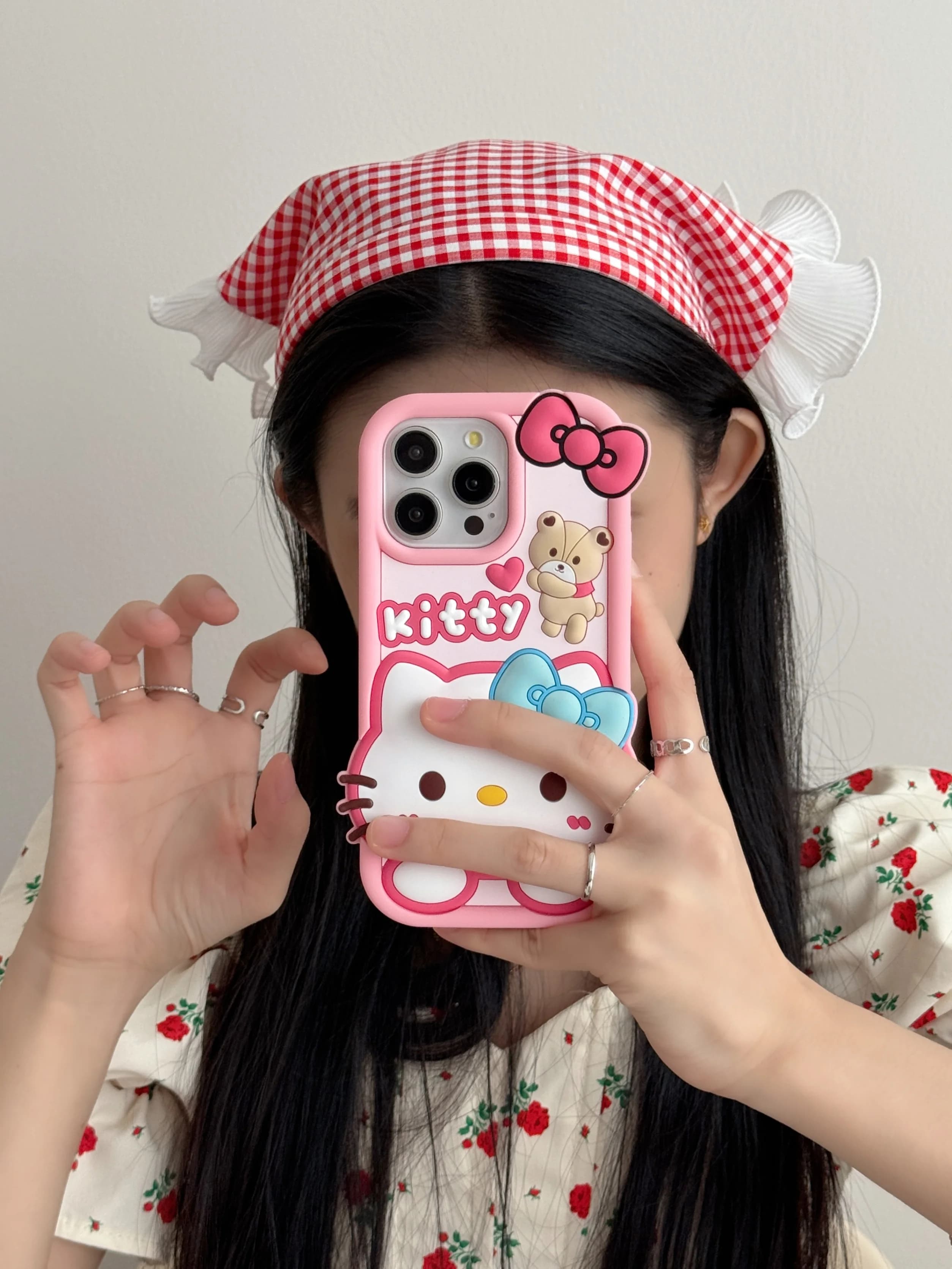 Sanrio Cute 3D Big Head Hello Kitty Case For iPhone 14 15 16 17, Cartoon Bear Heart Soft Silicone Anti-drop Ladies Phone Shell