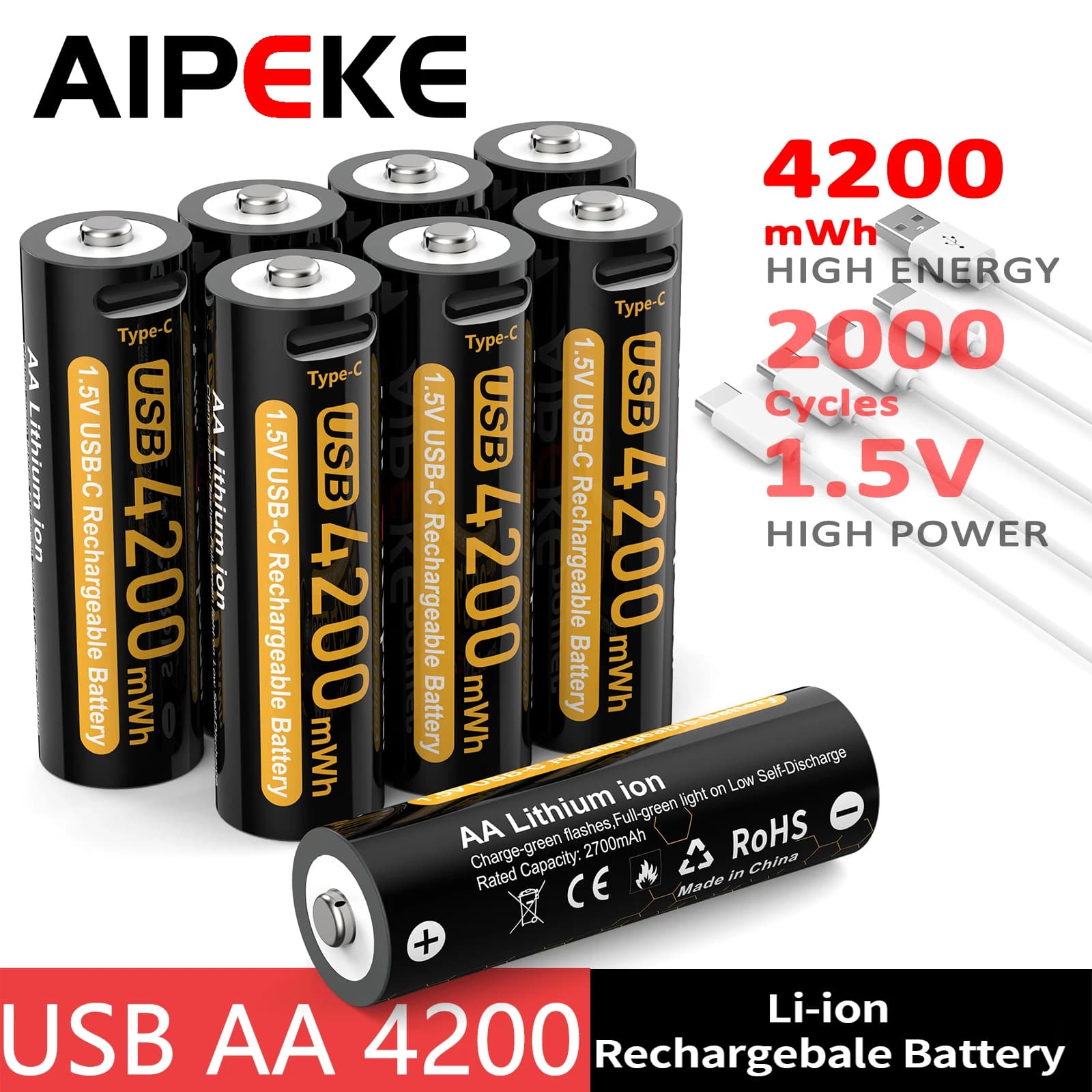 Batterie ricaricabili AIPEKE 4200mWh USB tipo C 1.5v al litio AA per giocattoli telecomandati, orologi, rilevatori di fumo