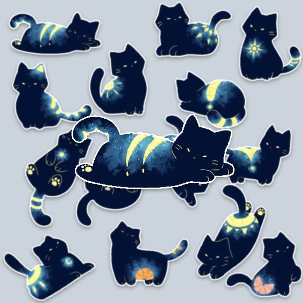 Adesivi Carini Gatto Nero Galattico 14 Pezzi, Fasi Lunari Estetiche, Impermeabili in Vinile per Laptop, Custodie Telefono, Scrapbook, Regalo