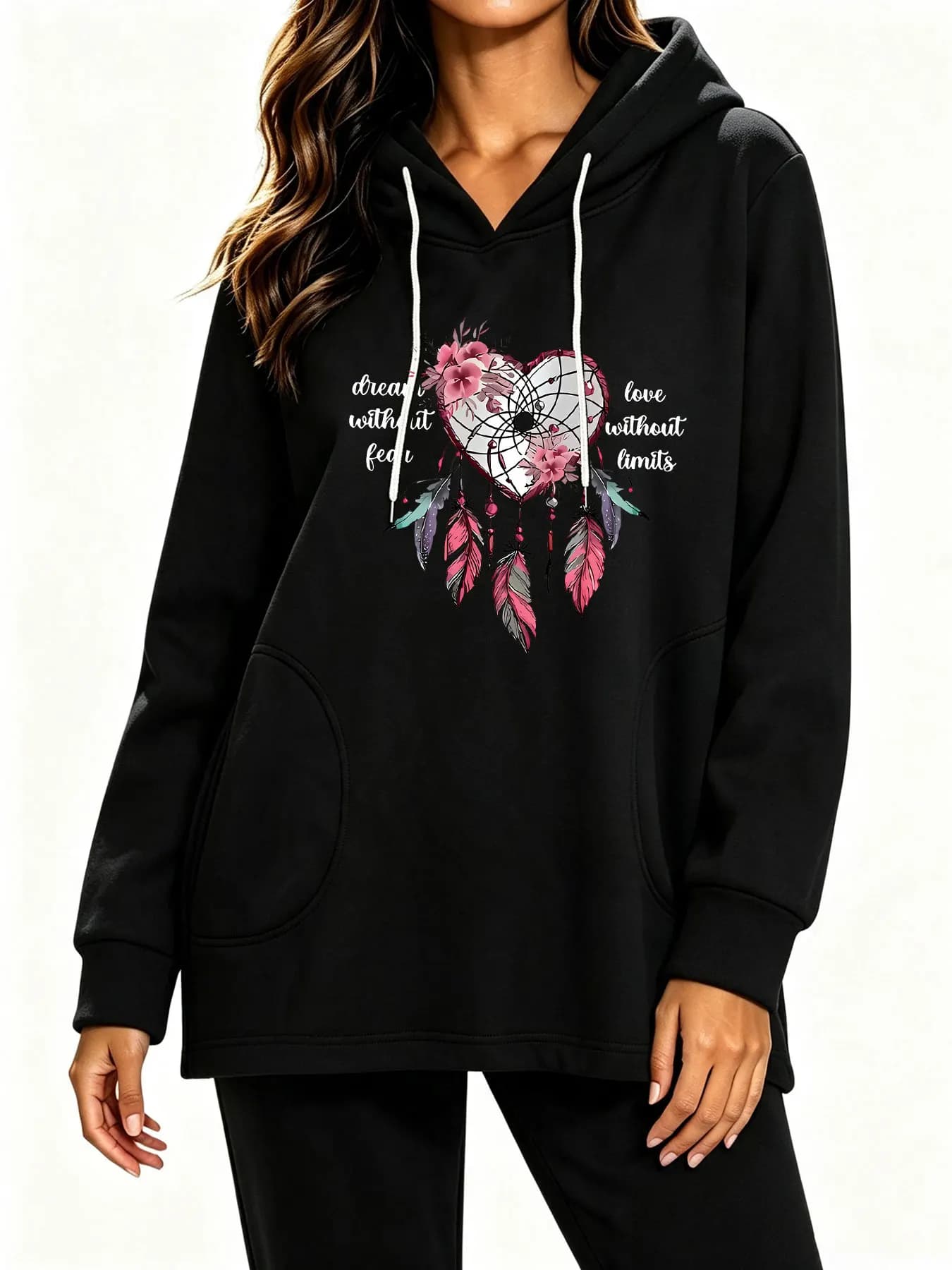 Love Dream Catcher Net Feather and Flower Inspirational English Print Loose Pullover Hooded Sweatshirt, Women's Clothing