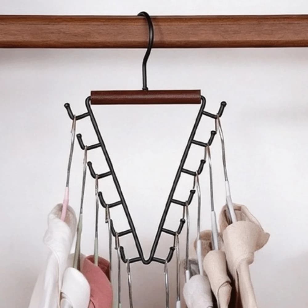 12 Hooks Clothes Storage Hangers’ 360° Rotating Wood Handle Metal V-Shape Hook Vertical Anti-Slip Hat Tie Scarf Rack