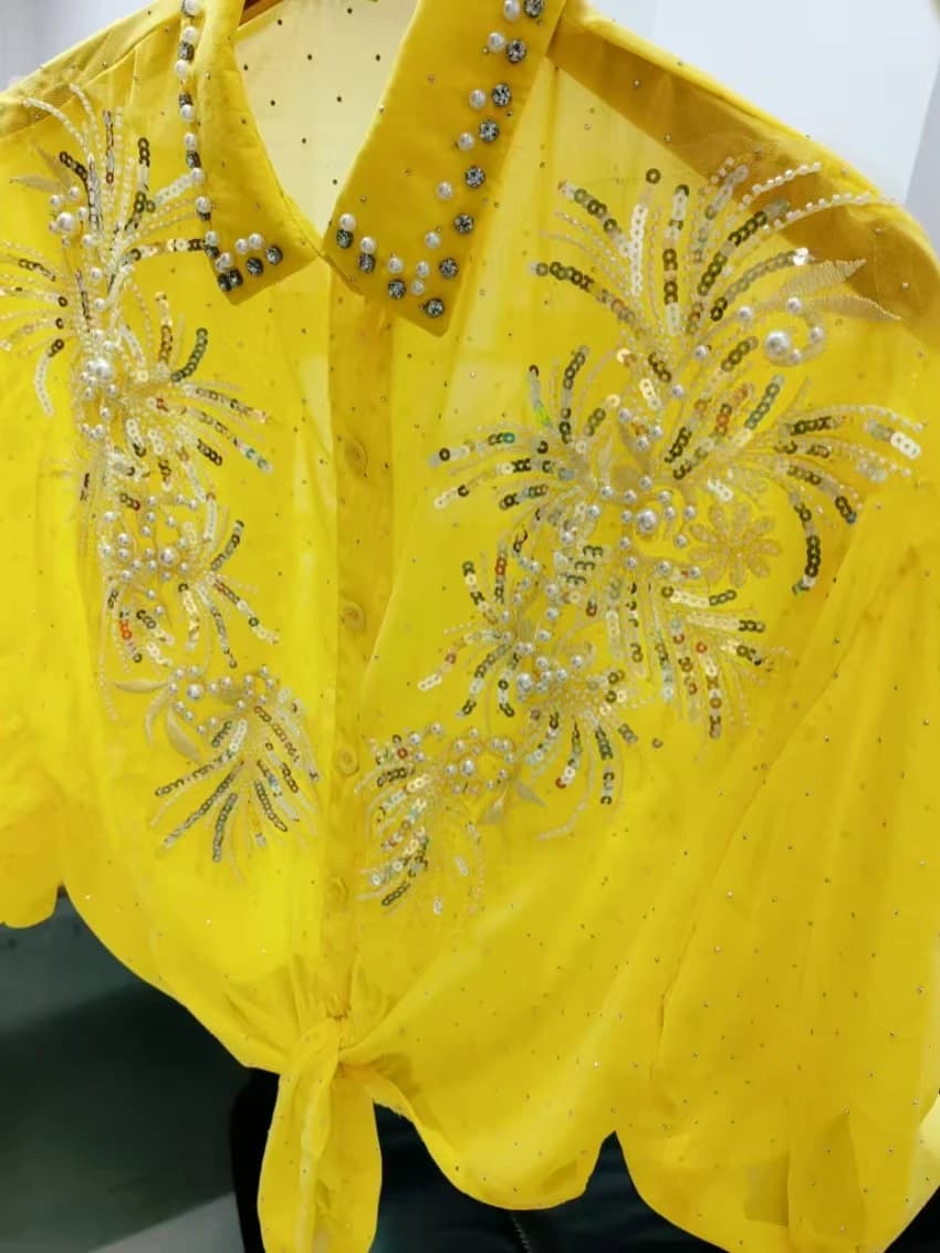 Camicette e Cardigan in Chiffon Giallo con Paillettes Scintillanti per Donna, Top Protettivo Solare Primavera Estate 2026, Abbigliamento Coreano Popolare