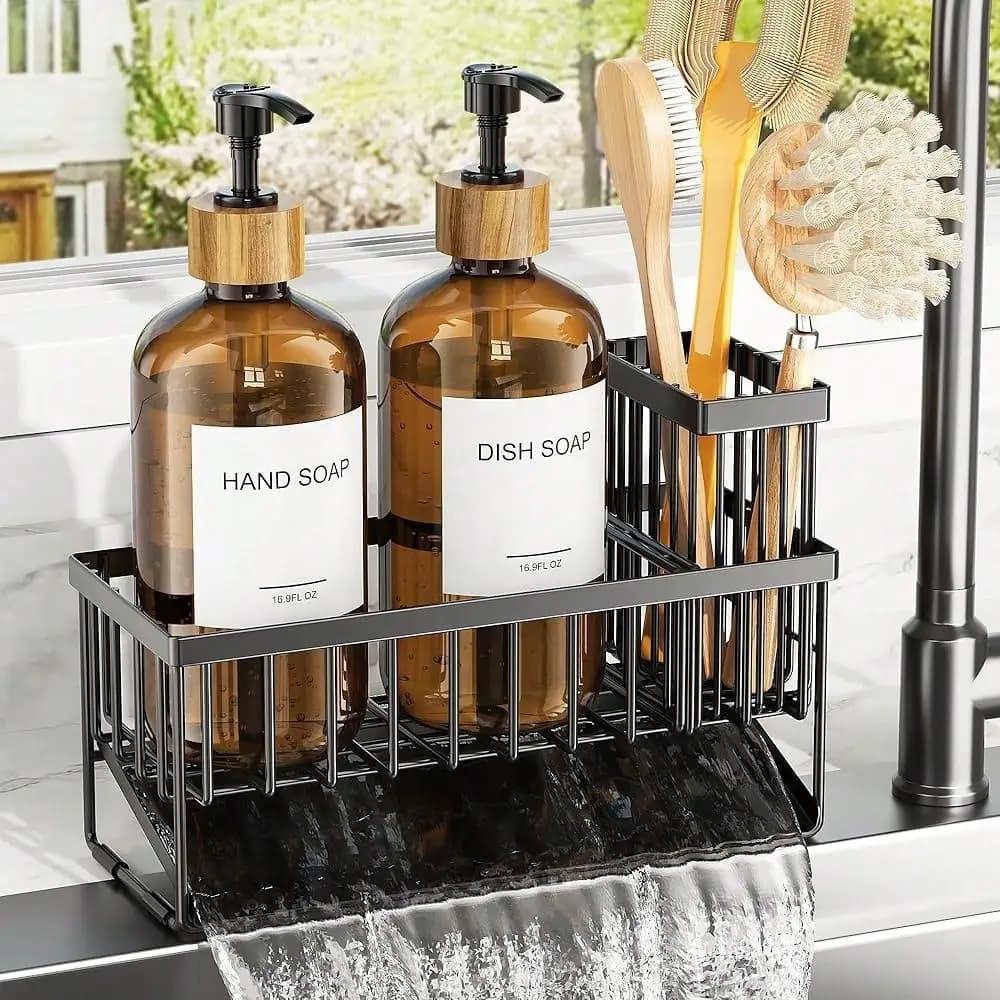 Set dispenser per detersivo per piatti con 2 bottiglie in vetro ambrato e porta spugna, accessori da cucina regolabili per uso domestico