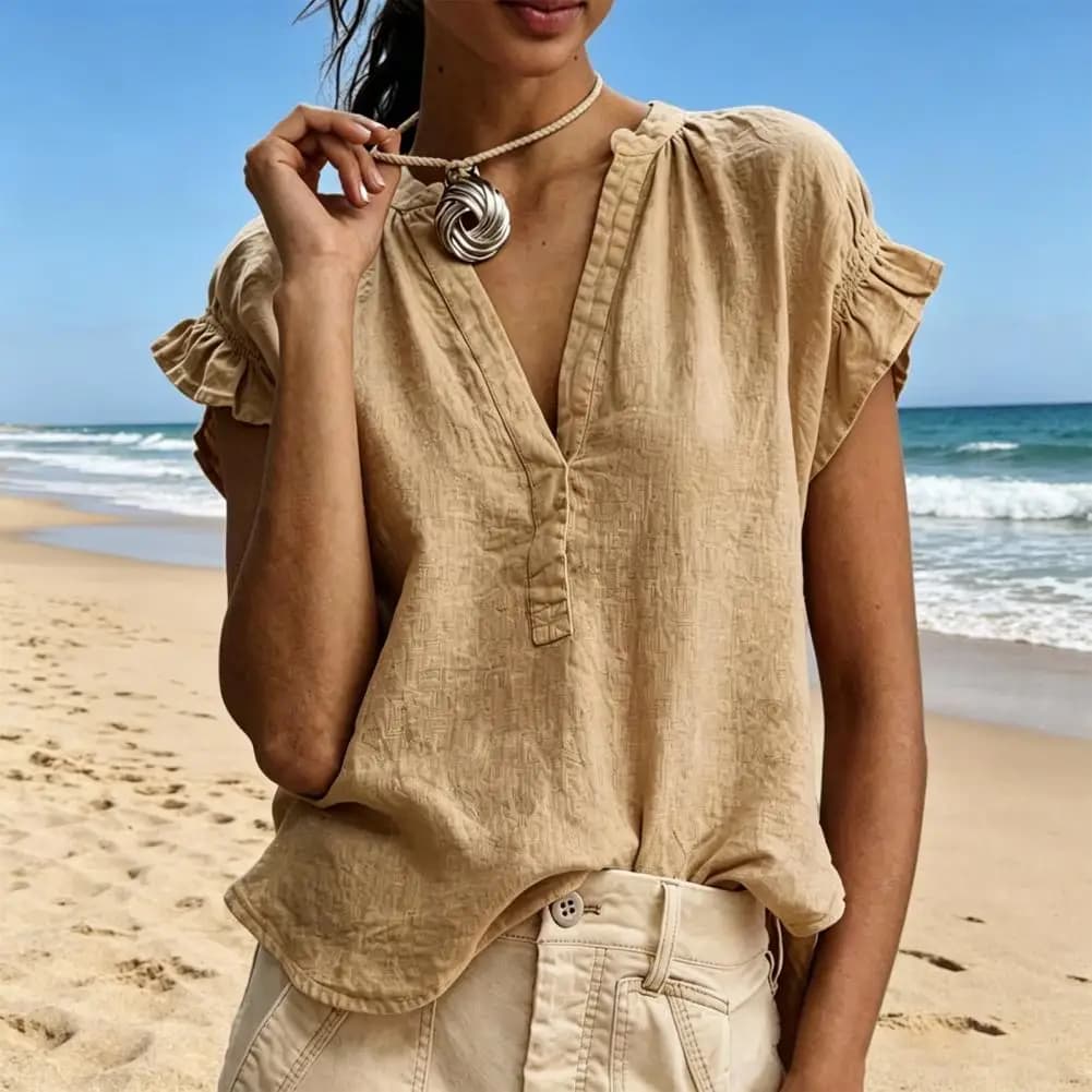 2026 V-neck Button Ruffled Stitching Shirt Women Shirt V Neck Short Sleeve Color Loose Fit Pullover Tops Women Blouse
