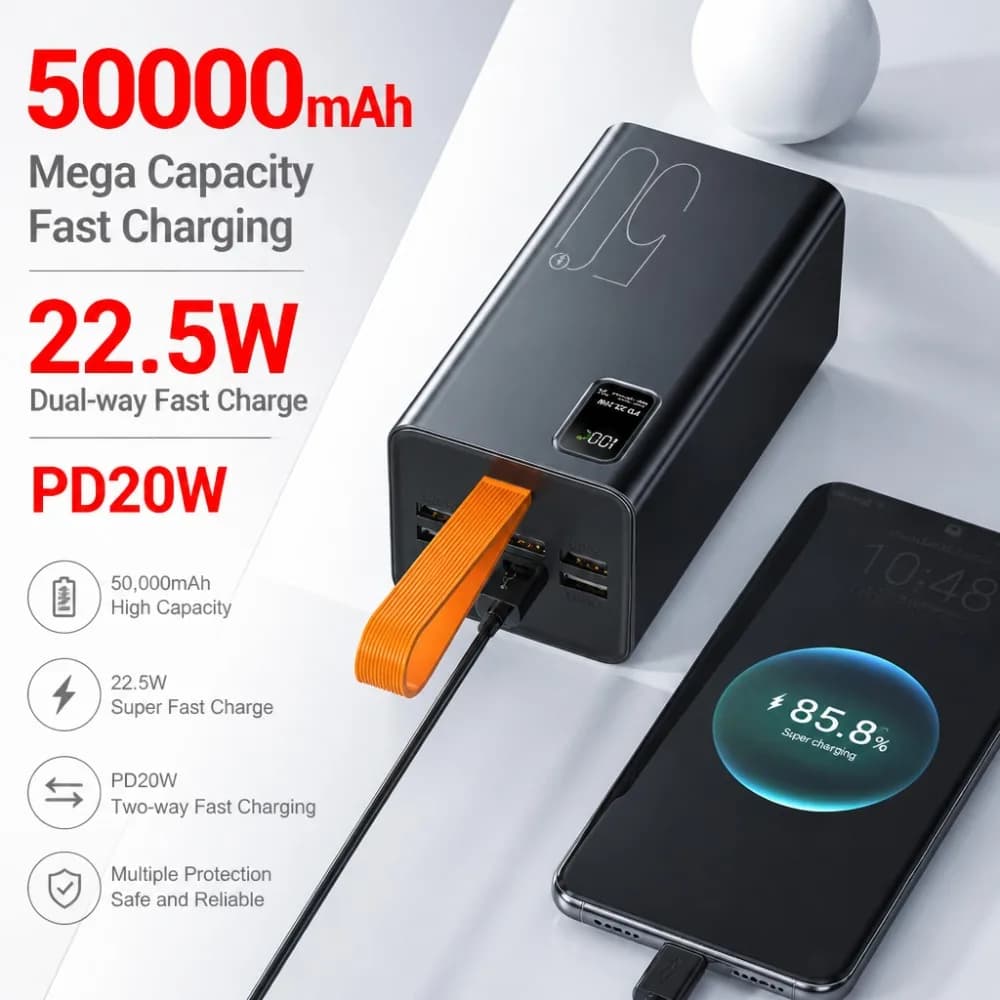 50000mAh Power Bank 22.5W Fast Charging 4-Port USB C Digital Display Outdoor Battery Pack for Smartphones Tablets Camping
