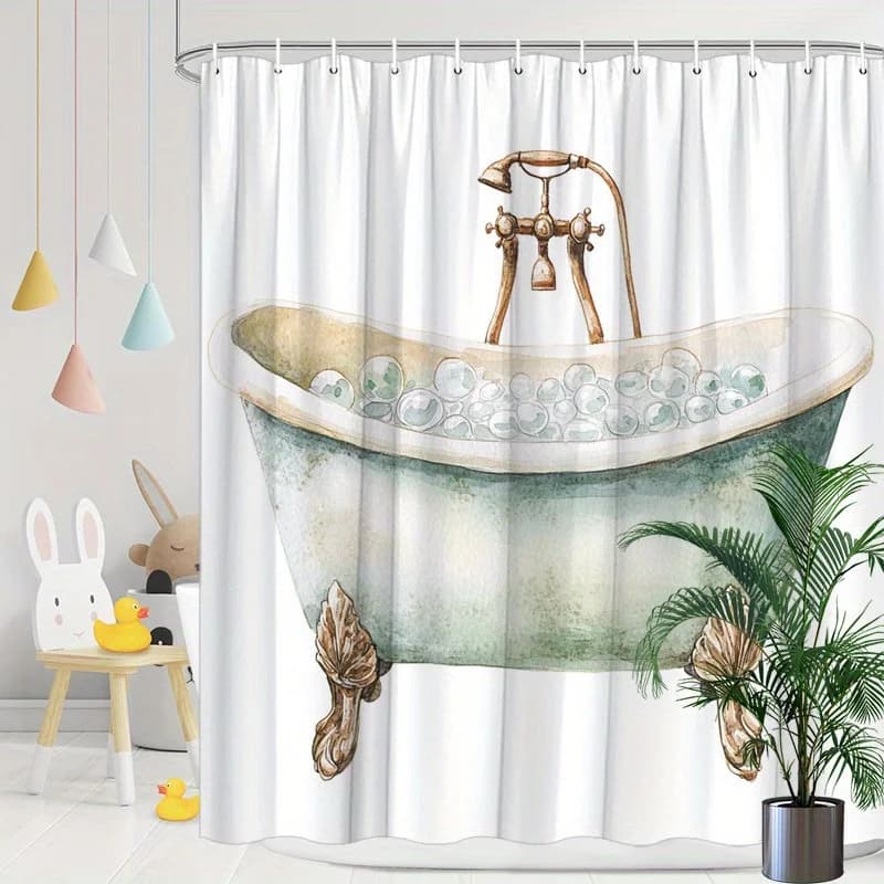 Tenda da doccia per vasca da bagno vintage con piedini - Verde pastello e bianco, design a bolle da bagno, poliestere, lavabile, arredamento classico per il bagno