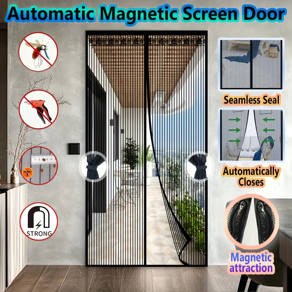 Zanzariera Magnetica a Strisce | Zanzariera Nera in Pizzo per Porta, Tenda Antizanzare in Poliestere ad Alta Densità con Chiusura Automatica