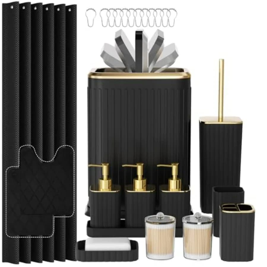 Set di Accessori per il Bagno 26 Pezzi Nero con Tenda Doccia e Tappetini, Cestino in Acciaio Inox, Spazzola per WC