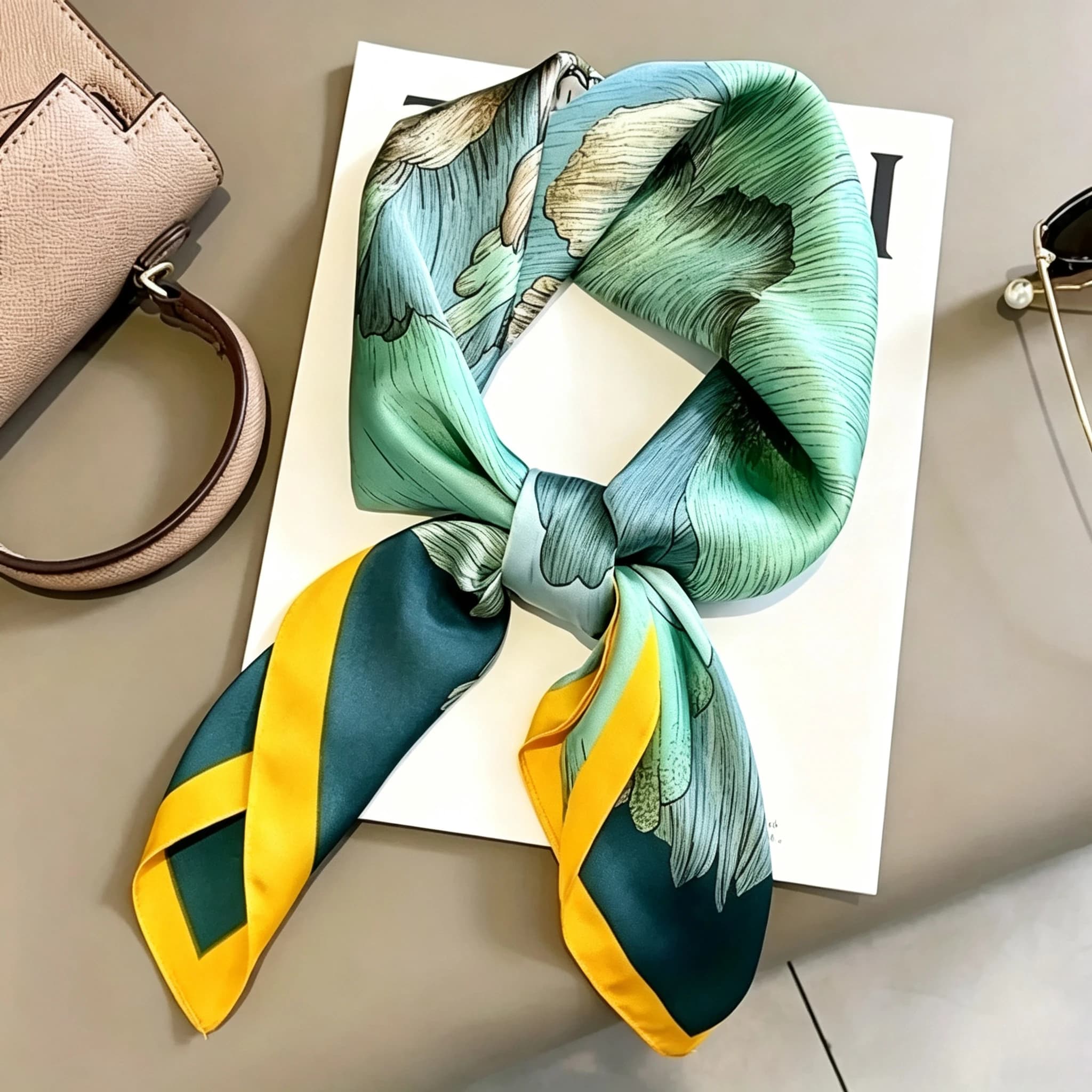 Line Leaf Print Green Satin Neck Scarf Yellow Dark Green Splicing Women Neckerchief