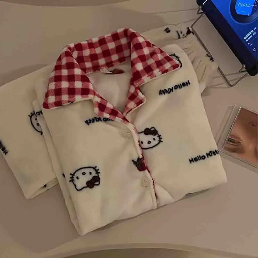 Hello Kitty Women's Flannel Pajama Set Autumn/winter Loose Plush Cardigan Comfortable Large Pajamas Cute Home Clothes New Model