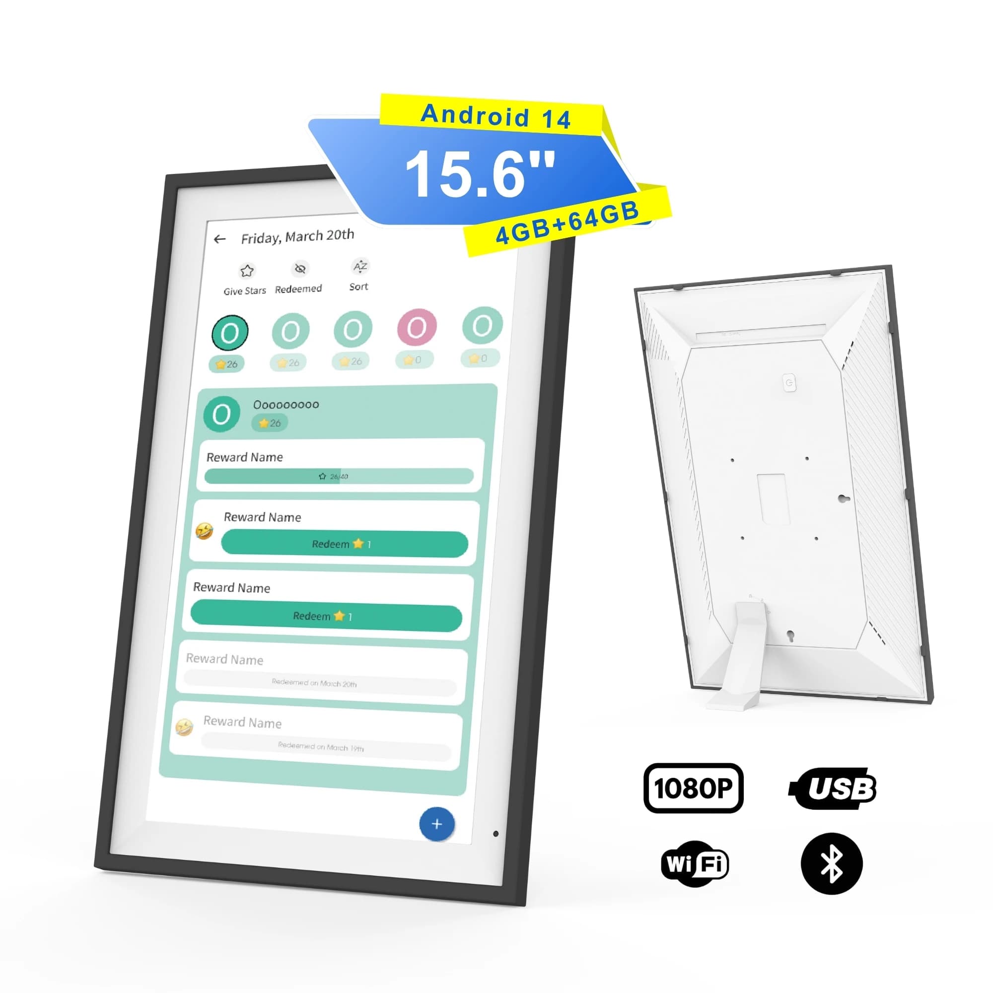 Calendario da 15,6 \" Pianificatore digitale desktop WiFi Android 14 con touch screen da 4 + 64 GB Programma digitale per le famiglie Usa cornice per foto
