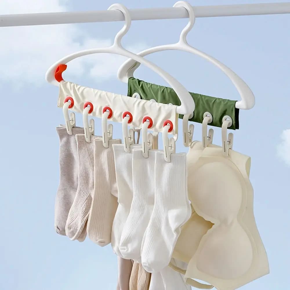Removable Windproof Hanger Foldable 6 Holes Travel Clothes Drying Rack Space-Saving Anti Slip Fabric Clothing Clip Home Use