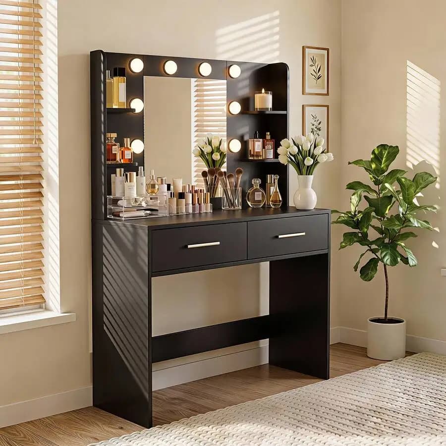 Makeup Vanity Desk With Mirror And Lights Power Outlet, Vanity Table Makeup Desk 2 Drawers, 6 Storage Shelves Hairdryer Holder Dressing Table For Bedroom