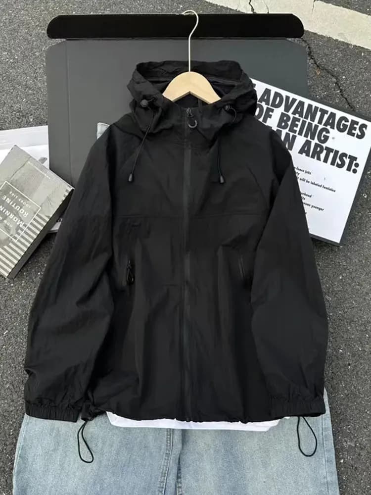 Black Quick Dry Men's Outdoor Jacket Summer UV Protection Hat Integrated Fleece Windproof Breathable Cycling Coat
