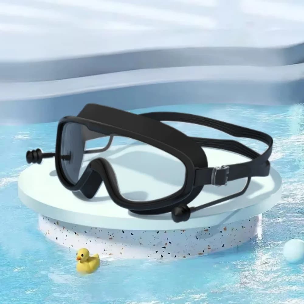 Confezione da 1 paio di occhialini da nuoto per adulti con tappi per le orecchie, visione ampia, antiappannamento, senza perdite d'acqua, protezione completa per piscina, per uomo e donna