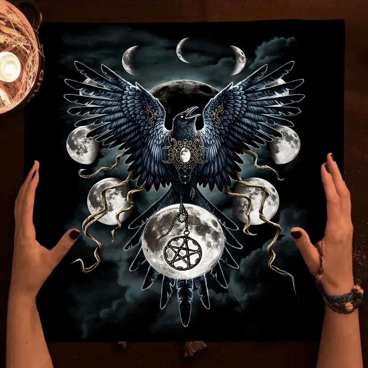 Tovaglia per tarocchi divinazione Aquila Tripla luna Wicca Panno per altare Fasi lunari Tovaglia pagana Oracle Card Pad Tarocchi Mat Decor