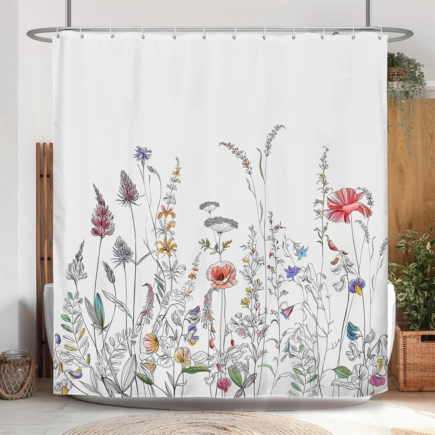 Elegant Botanical Floral Print Shower Curtain Waterproof Bathroom Decor Large Natural Garden Design 180x180cm