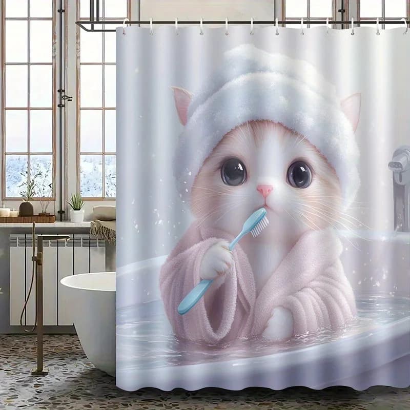 Tenda da Doccia con Gattino che si Pulisce i Denti, Decorazione Bagno con Gatto Cartone Animato, Telo Doccia Morbido Rosa in Poliestere Impermeabile