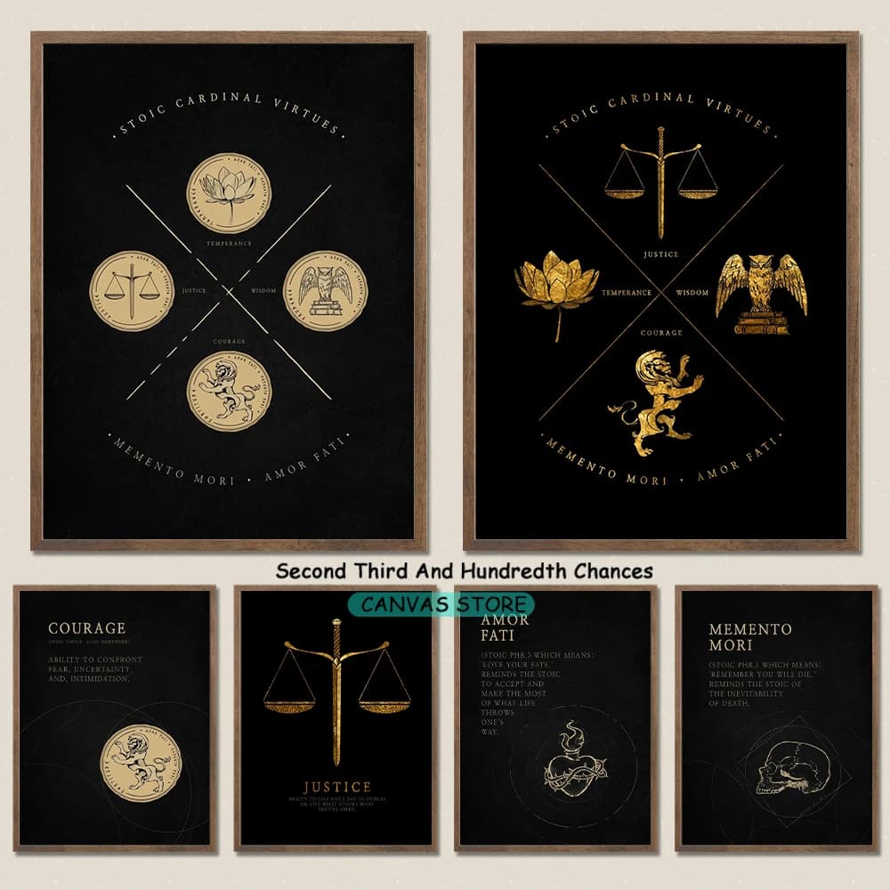 Golden Stoic Motivation Quotes Poster Canvas Prints Stoic Virtue Courage Temperance Wisdom Justice Poster Office Home Decoration