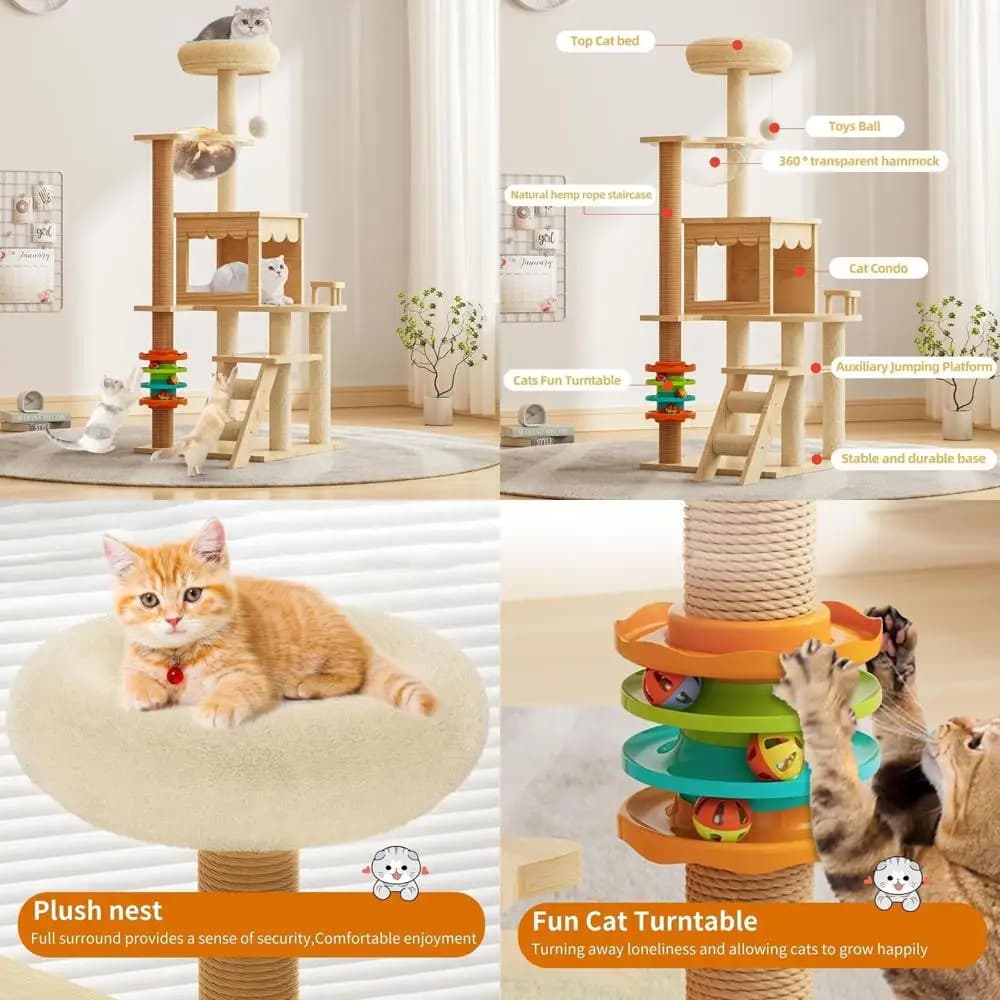 Torre per gatti da interno con livelli multipli, copertura in peluche, tiragraffi, amaca, rimovibile e lavabile per la moderna vita felina