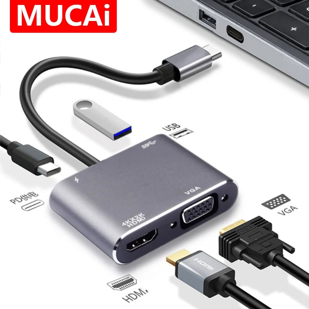 USB C Hub for Laptop - HDMI 4K and VGA 1080P Adapter for Dell/Asus/Gaming