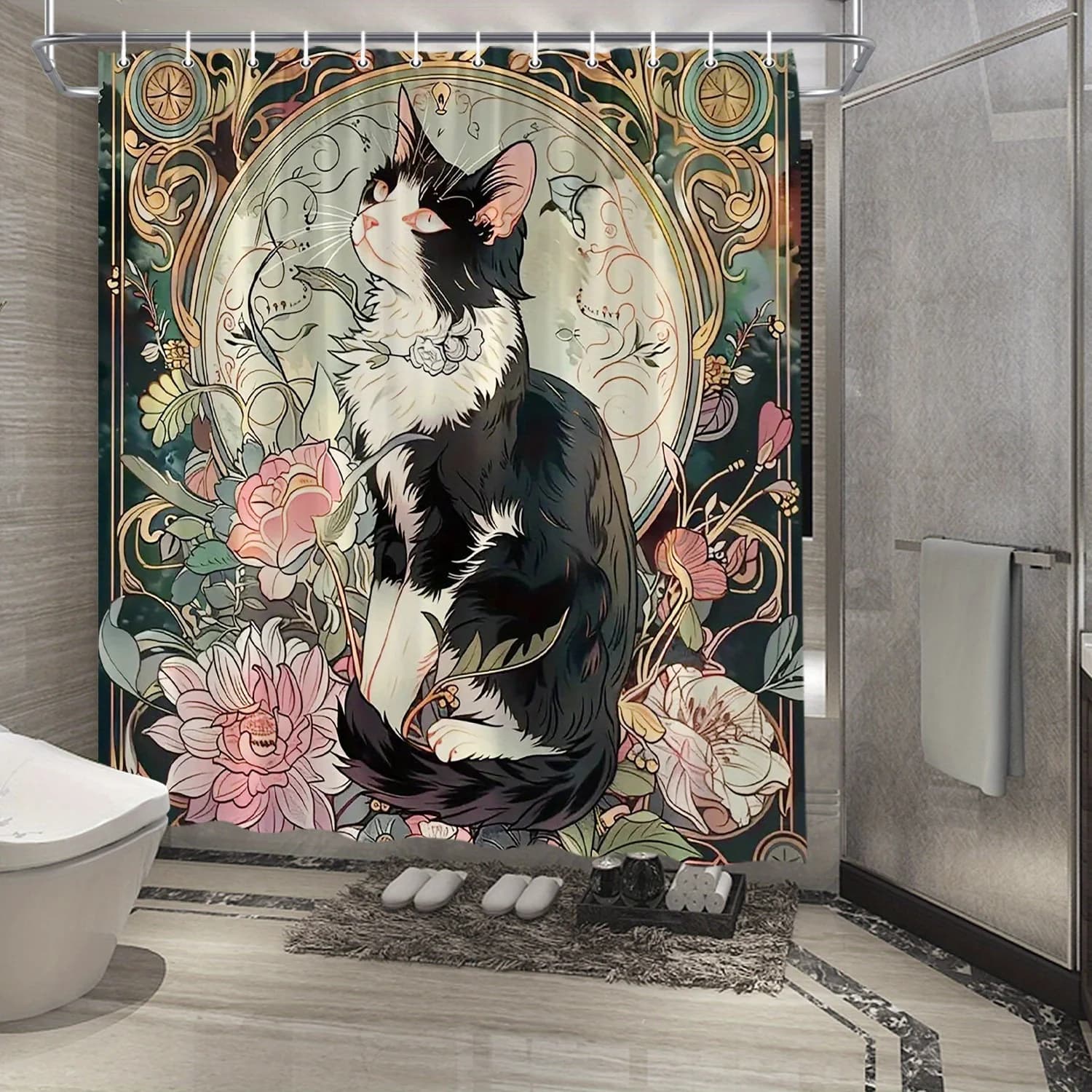 Art Nouveau Gatto bianco e nero con tenda da doccia impermeabile dal design floreale per l'arredamento moderno del bagno, perfetta per l'uso domestico