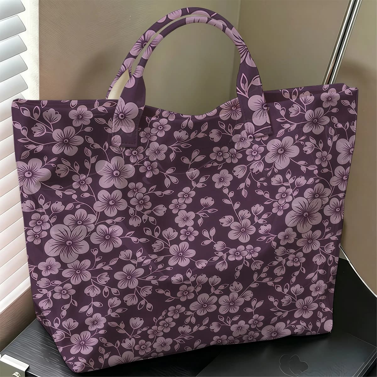 Deep Purple Ditsy Floral Cute Large Glossy PVC Tote Bag Hand Washable Lightweight Soft Great for Travel Commute Makeup Handbags