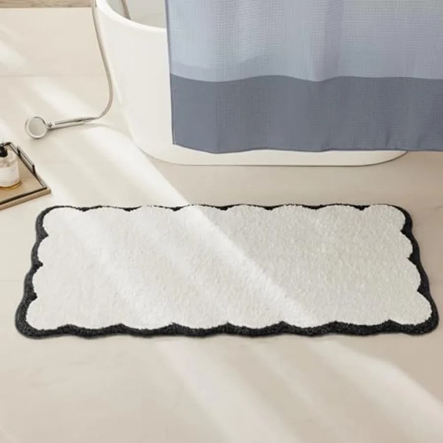 Tappeto Runner Lusso in Microfibra con Bordo Ondulato, Tappeto Lungo Bianco per Bagno con Bordatura a Onda, Tappetino Moderno Preppy per Vasca e Lavabo