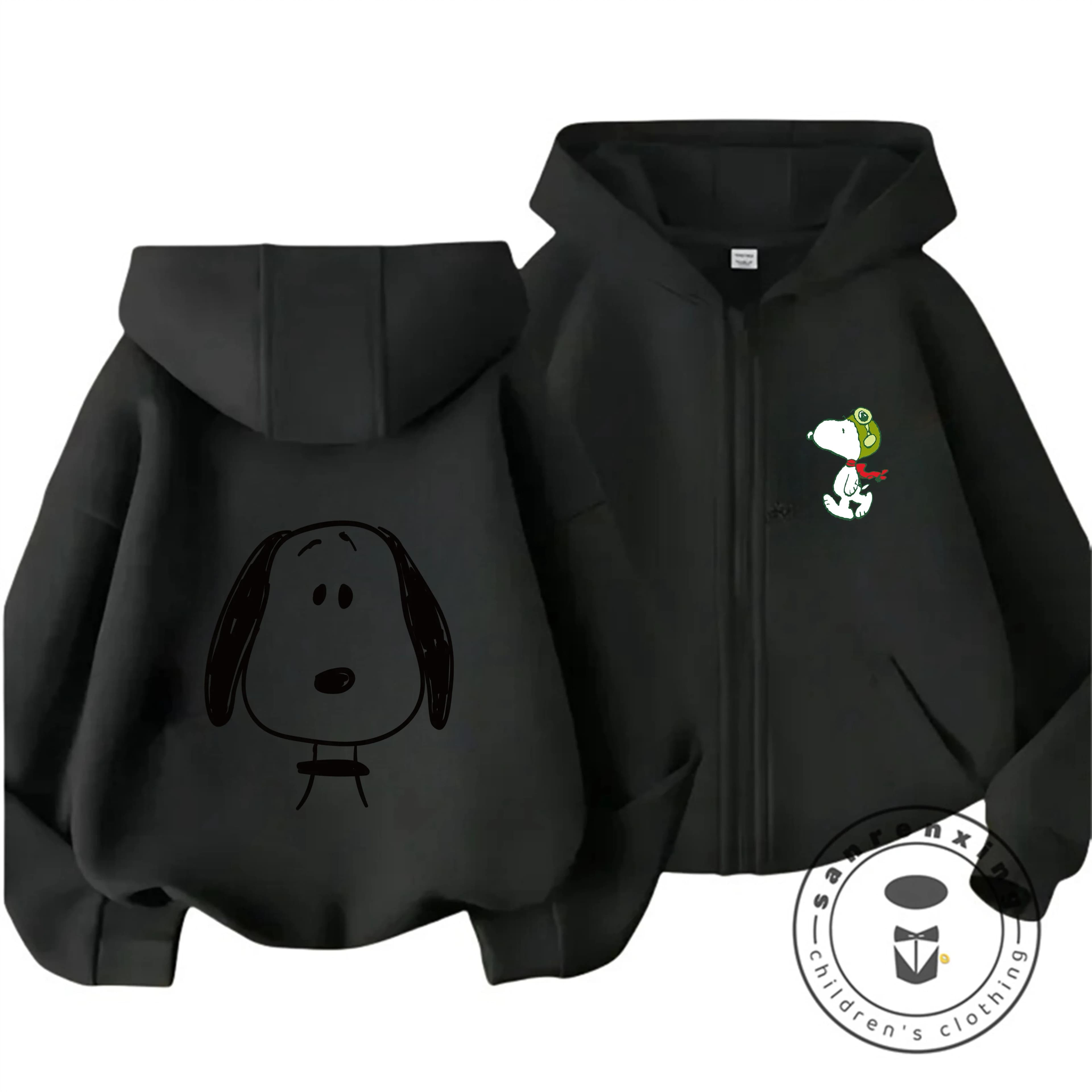 Felpa con cappuccio primaverile alla moda con cerniera e cartoni animati per bambini e bambine, simpatica e leggera, con cappuccio, 3-14 anni, Snoopy