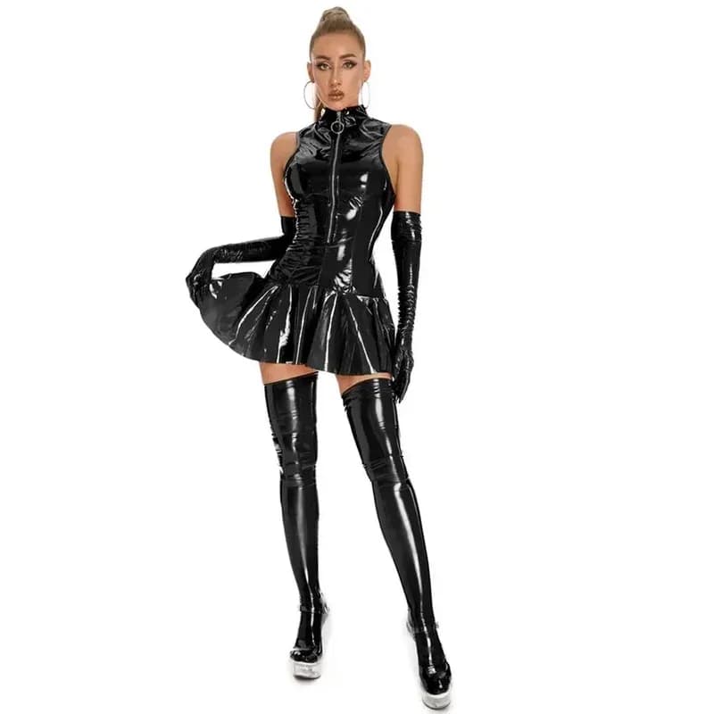 LQPlus Size Abito da donna in PVC lucido Minigonna sexy in lattice PVC lucido con guanti e calza Abito in lattice pieghettato da pole dance