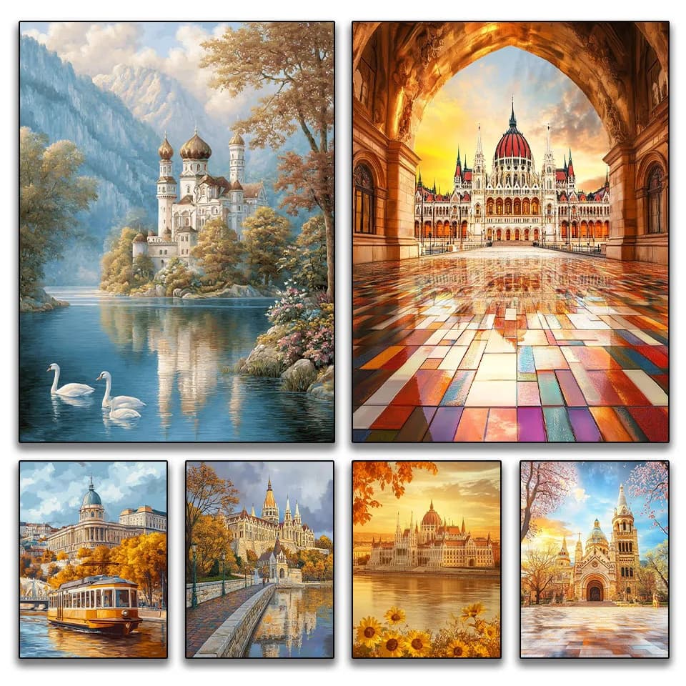 Kit Pittura Diamante Fai da Te Senza Cornice, Mosaico Diamantato Paesaggio Castello, Ricamo 5D Full Drill con Strass Quadrati e Rotondi, Punto Croce H