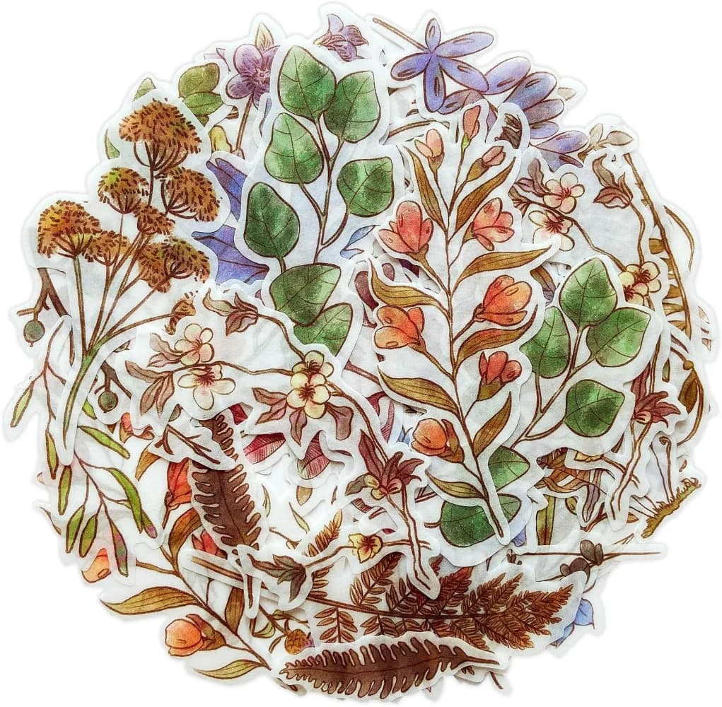 Leaves Plant Flower Washi Planner Sticker, Decorative Adhesive Craft Scrapbooking Sticker Set for Diary, Album 60 PCS