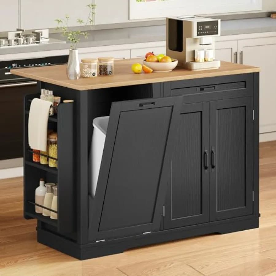 50 Inch Rolling Kitchen Island for Food Prep, Black Butcher Block Wood, Portable Mobile Cart with Drop Leaf Built-in 13 Gallon