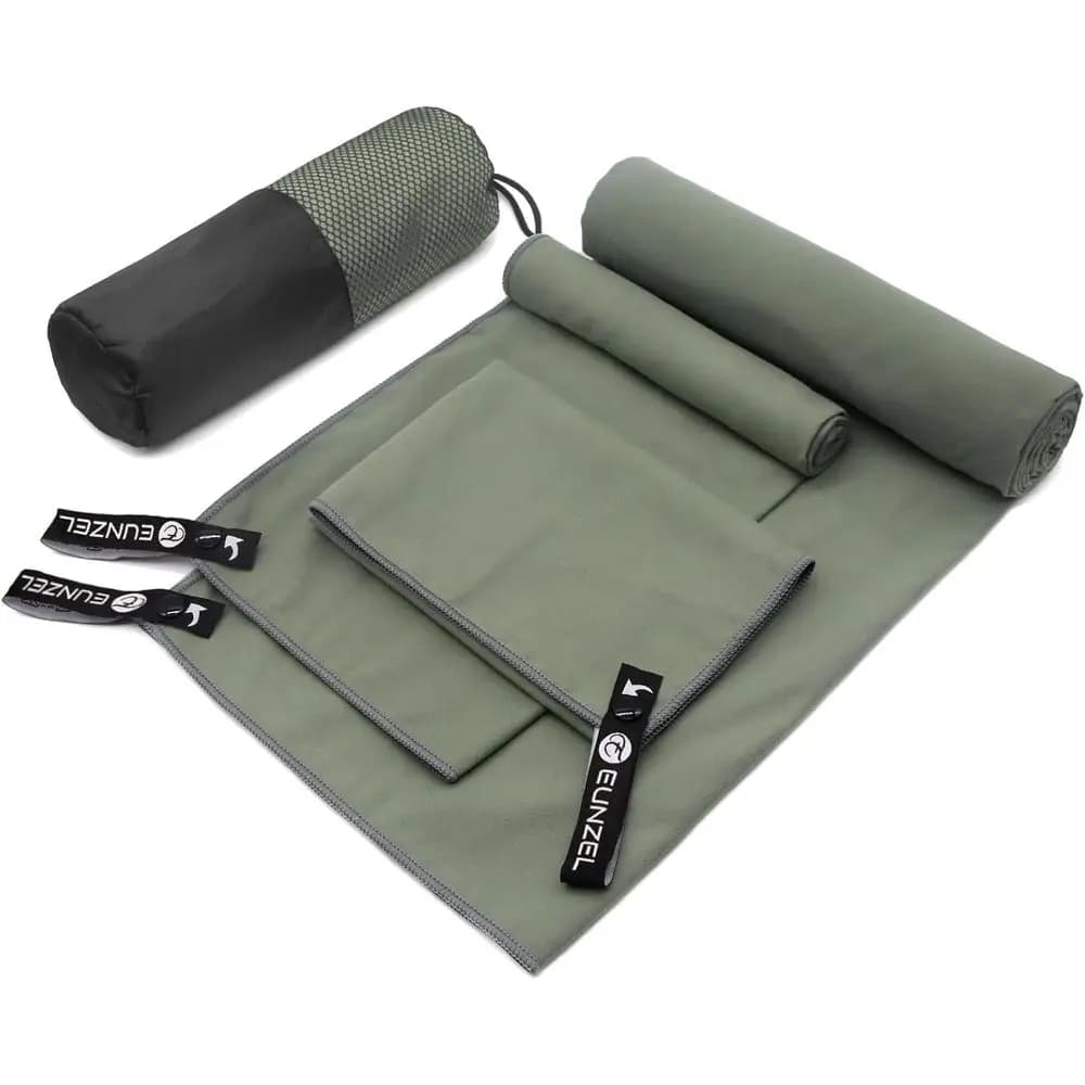 Compact Quick-Dry Travel Towel Set, 3 Sizes, Ideal for Camping, Beach, Gym, Sports, Yoga & Pool, Army Green