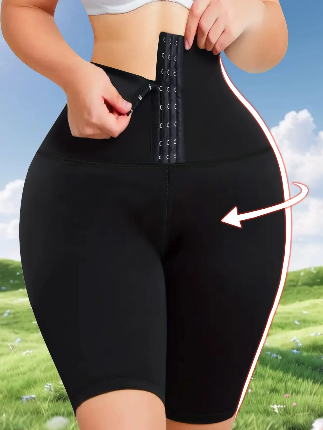 Pantaloncini modellanti a vita alta con controllo della pancia, regolabili con ganci, per donna, ideali per allenamento, palestra, yoga e fitness.