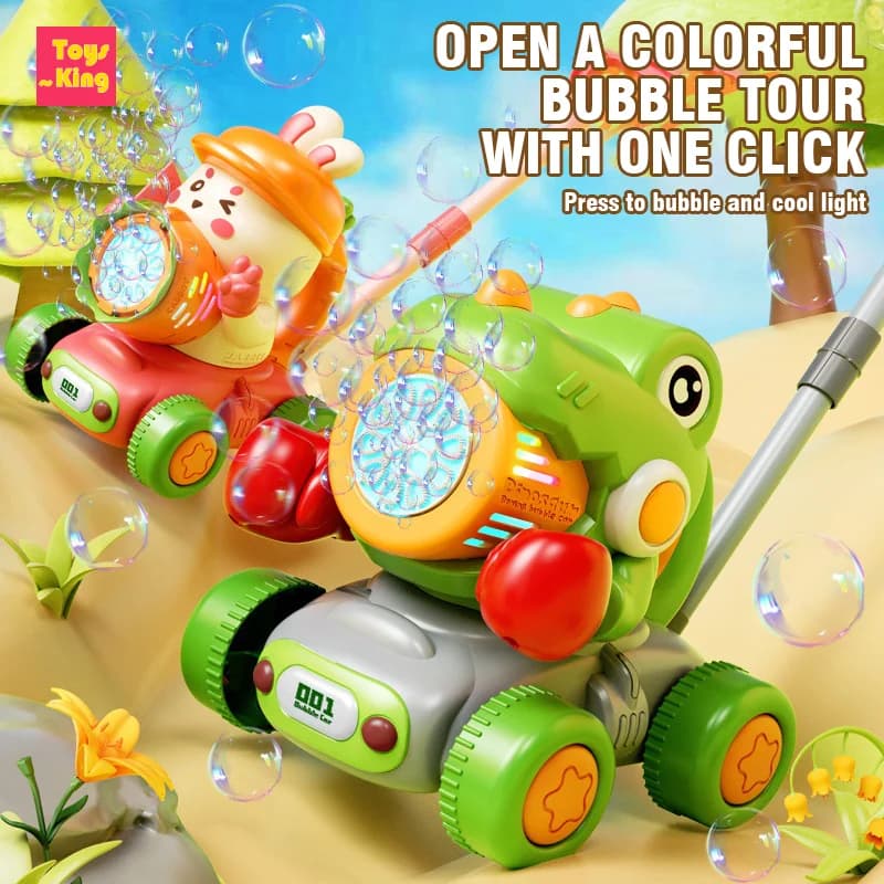 Carrello per bolle portatile con dinosauro di rapa Carrello automatico per sapone per cartoni animati che soffia con luci Giocattoli per bambini Gioco per feste all'aperto per ragazze