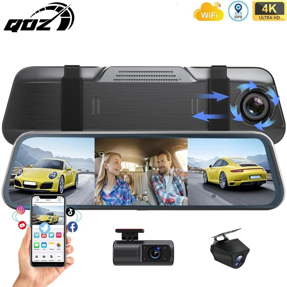 QOZ 10 inch 3 cameras 4K Car Dash Cam Retrovisor DVR Mirror Night Vision Loop Recording with G-Sensor WIFI Video Driving Recorder