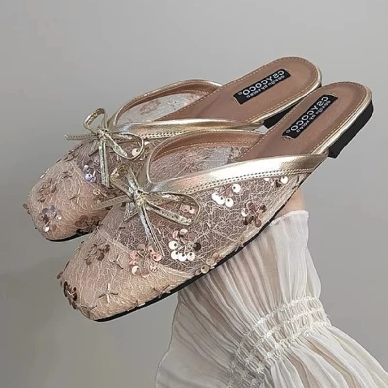 Luxury breathable women's bling net Bowknot square tip party shoes without back stylish summer flat sandals signed for banquets