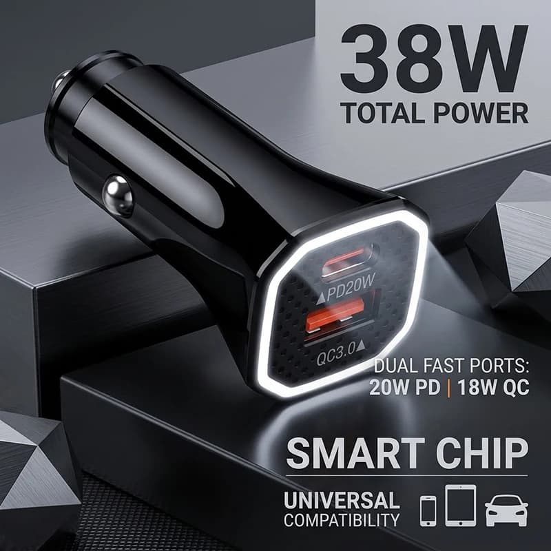 Dual Port Fast Car Charger Adapter PD 20W & QC 3.0 Smart Charging Cigarette Lighter Auto Plug With Ambient Light For iPhone 17