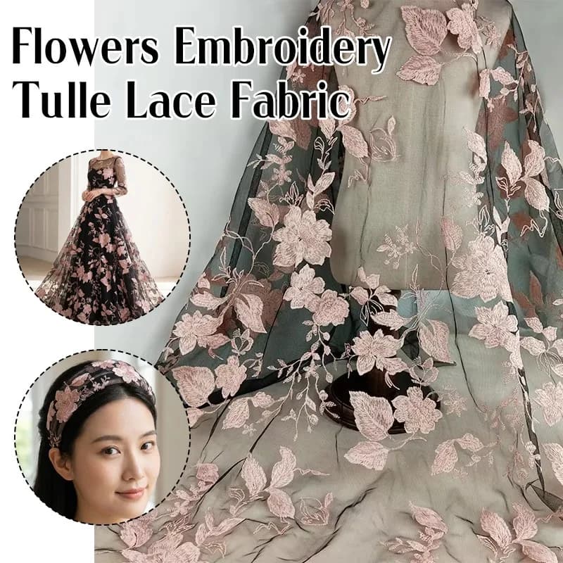 90x130cm Pink Plum Blossom Embroidered Lace Fabric for Wedding Dress Evening Gown DIY Sewing Fabric Clothing Supplies