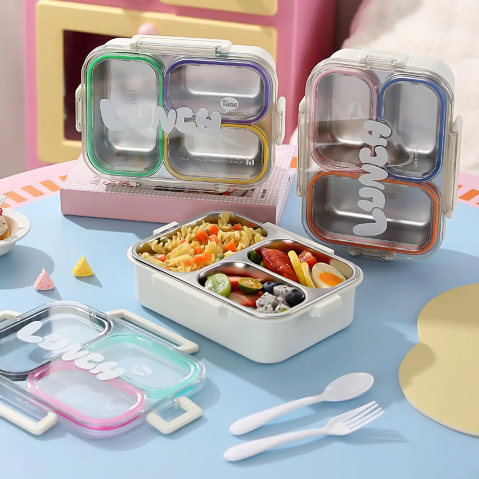 Stainless Steel Lunch Box Divided Leak-proof School Child Snack Box With Tableware Portable Lunch Box For Office Food Storage