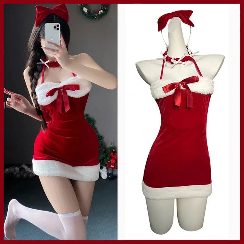 Costume cosplay di Natale Coniglietto sexy Vacanza Abito in velluto rosso Abiti glitterati Aderente Prestazioni per feste Servizio fotografico Ruolo Playa
