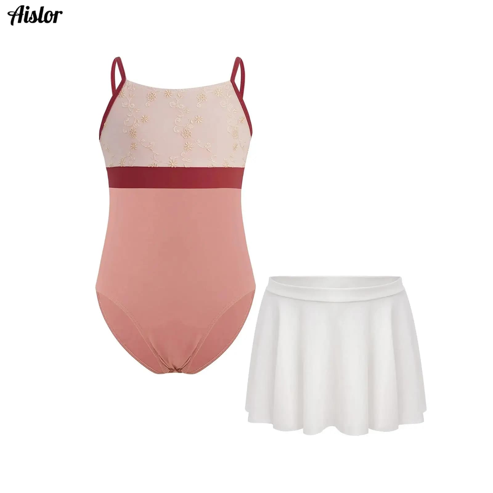 Body per danza classica per bambina, vestito lirico, senza maniche, senza spalline, ricamo floreale, body a blocchi di colore + gonna
