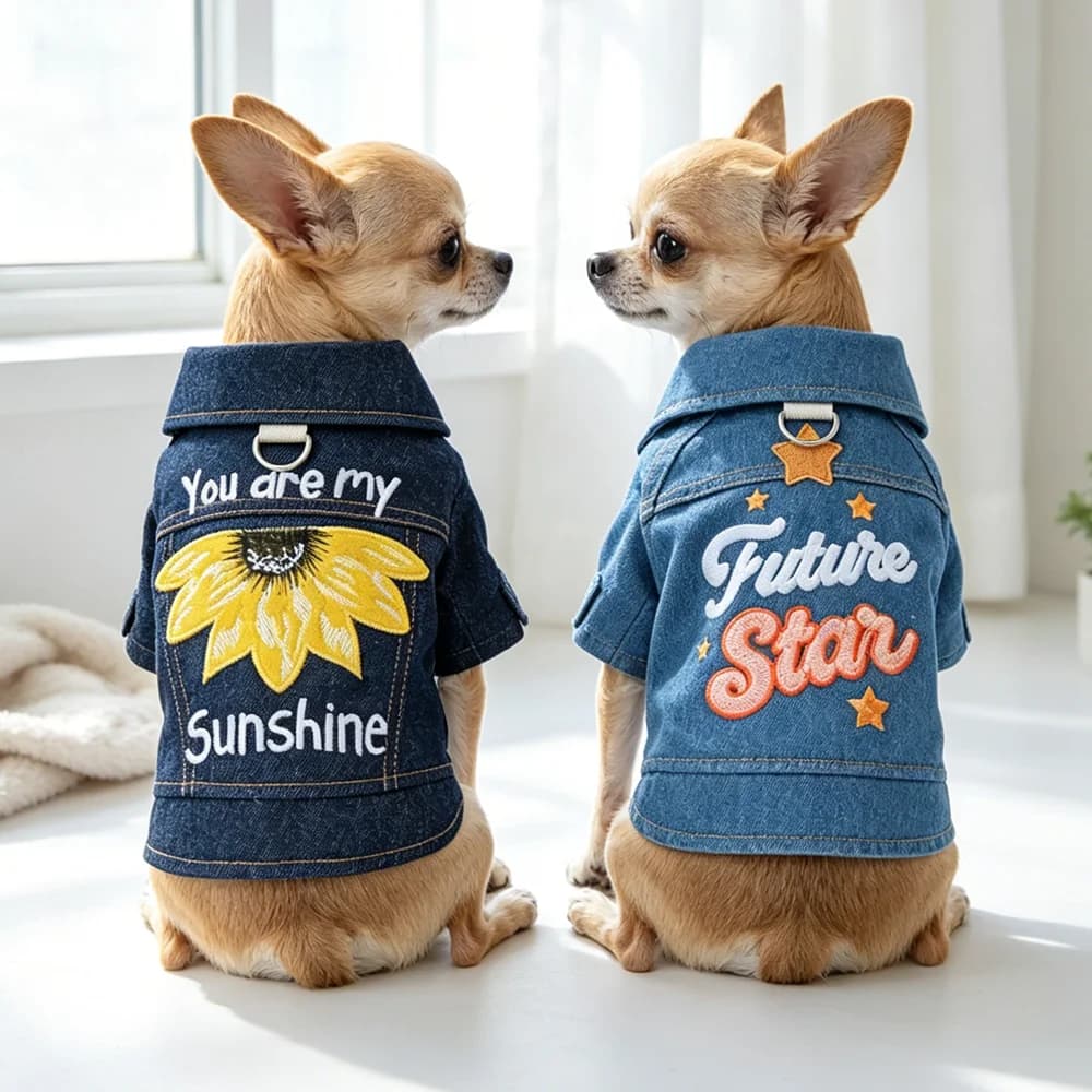 Denim ricamato vestiti per cani di piccola taglia giacca autunnale imbracatura abbigliamento XS XL Bulldog francese Chihuahua Outfit Kitten Cat Shirt